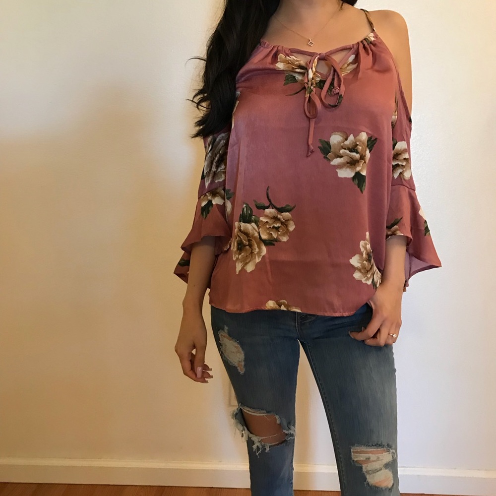 Dusty Rose Floral Open Shoulder Satin Top - Picture 4 of 8